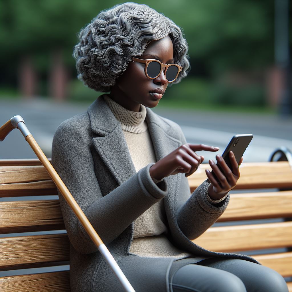 A blind aged african woman interacting with her phone